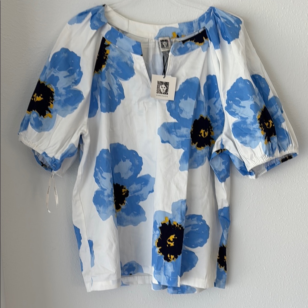 Anne Klein Floral Blue Puff Sleeve Cotton Top